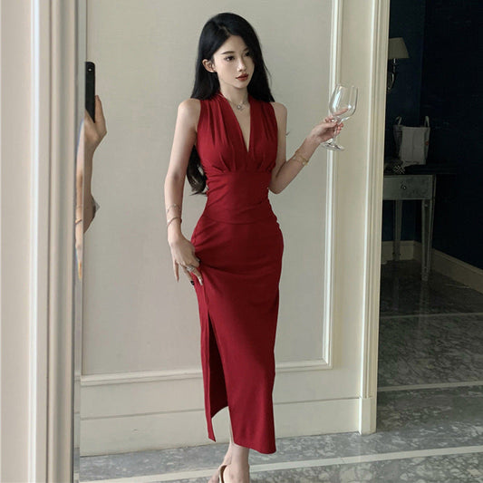 Dam Lång Klänning V-hals Smal Midja Högkvalitativt Tyg-1