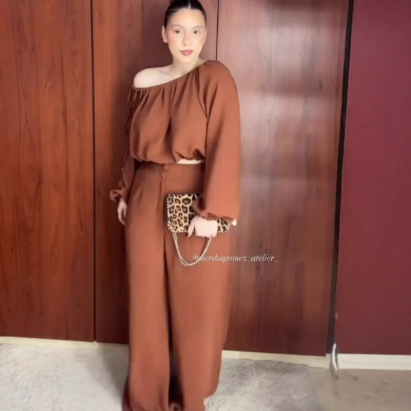 Kvinnors Off-Shoulder Top med Lykta Ärmar och Vida Byxor Polyester Spandex-2