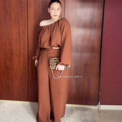 Kvinnors Off-Shoulder Top med Lykta Ärmar och Vida Byxor Polyester Spandex-2