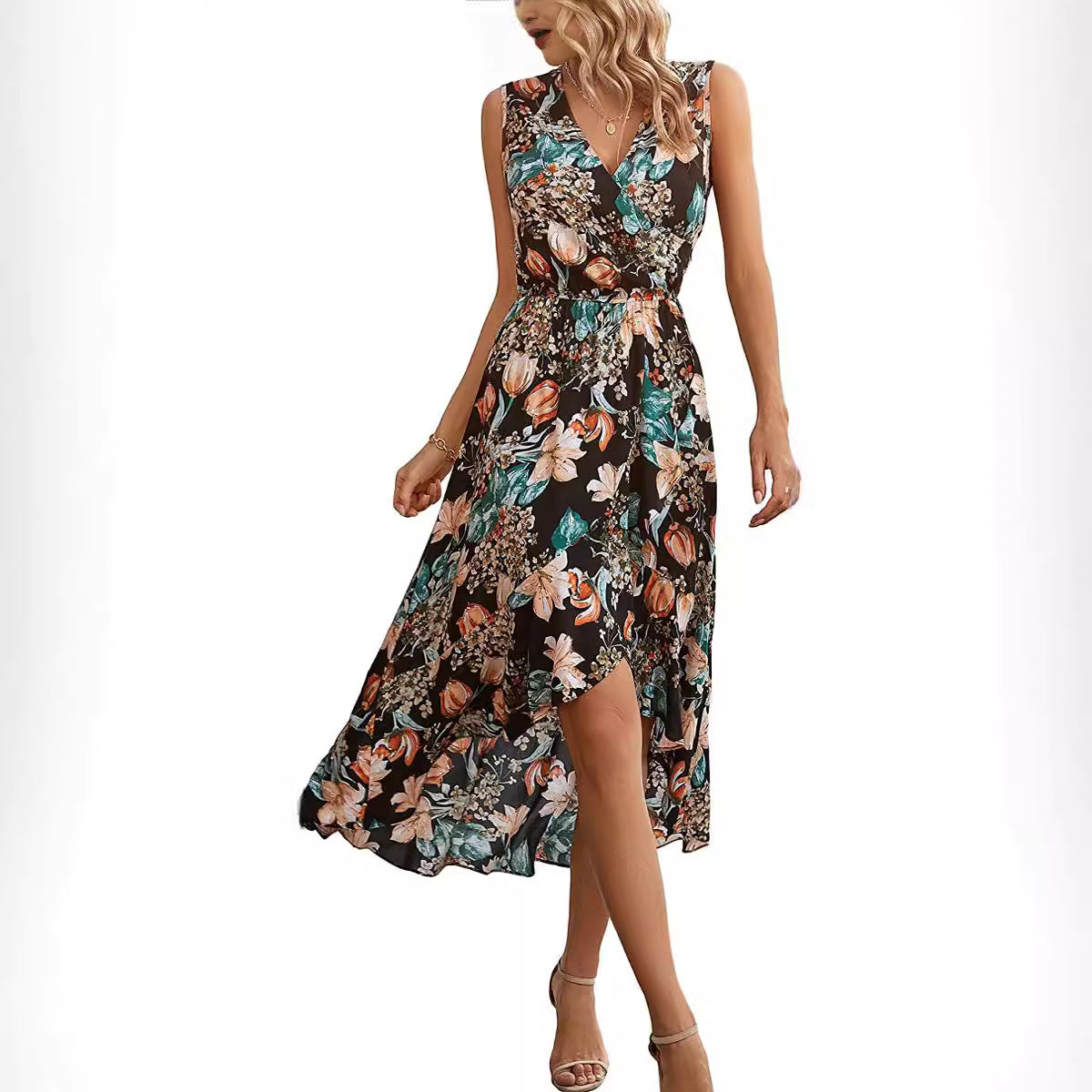 Dam Klänning Wrap Back Lätt Material V-Ringning Ärmlös Fina Dam Klänningar 2