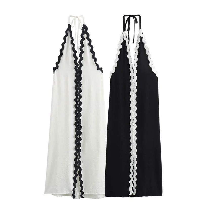 Maxiklänning Dam Flödande Snitt med Blöjhalring och Kontrastkant Lätt Tyg 6