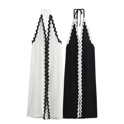 Maxiklänning Dam Flödande Snitt med Blöjhalring och Kontrastkant Lätt Tyg 6