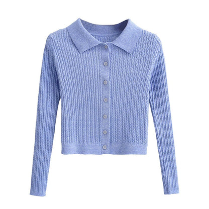 Kvinnors Stickad Blus med Elegant Krage och Strukturerad Yta av Andningsbart Tyg 2