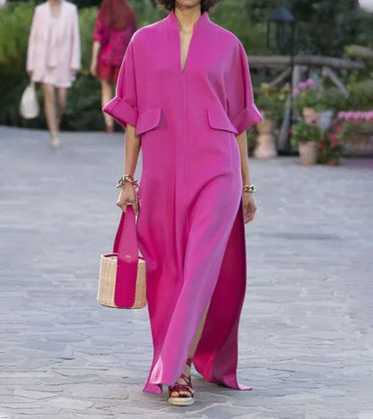 Kvinnors Lång Klänning V-hals Korta Ärmar Polyester-3