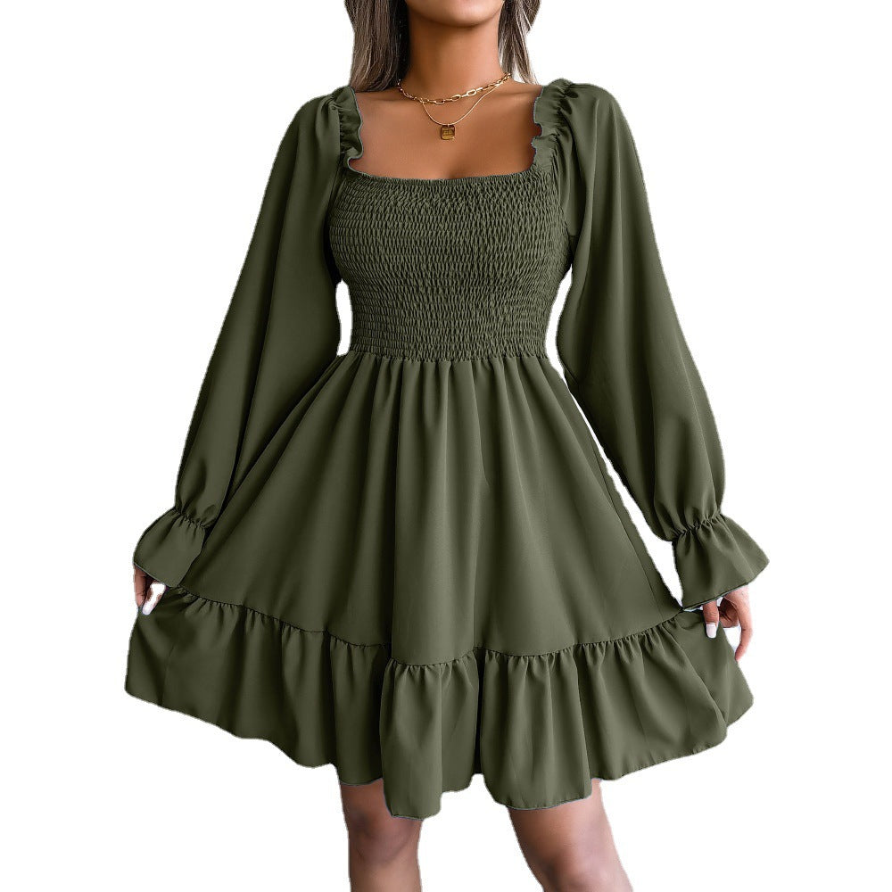 Kvinnors Midi Klänning Rynkad Fyrkantig Halsringning Polyester-4