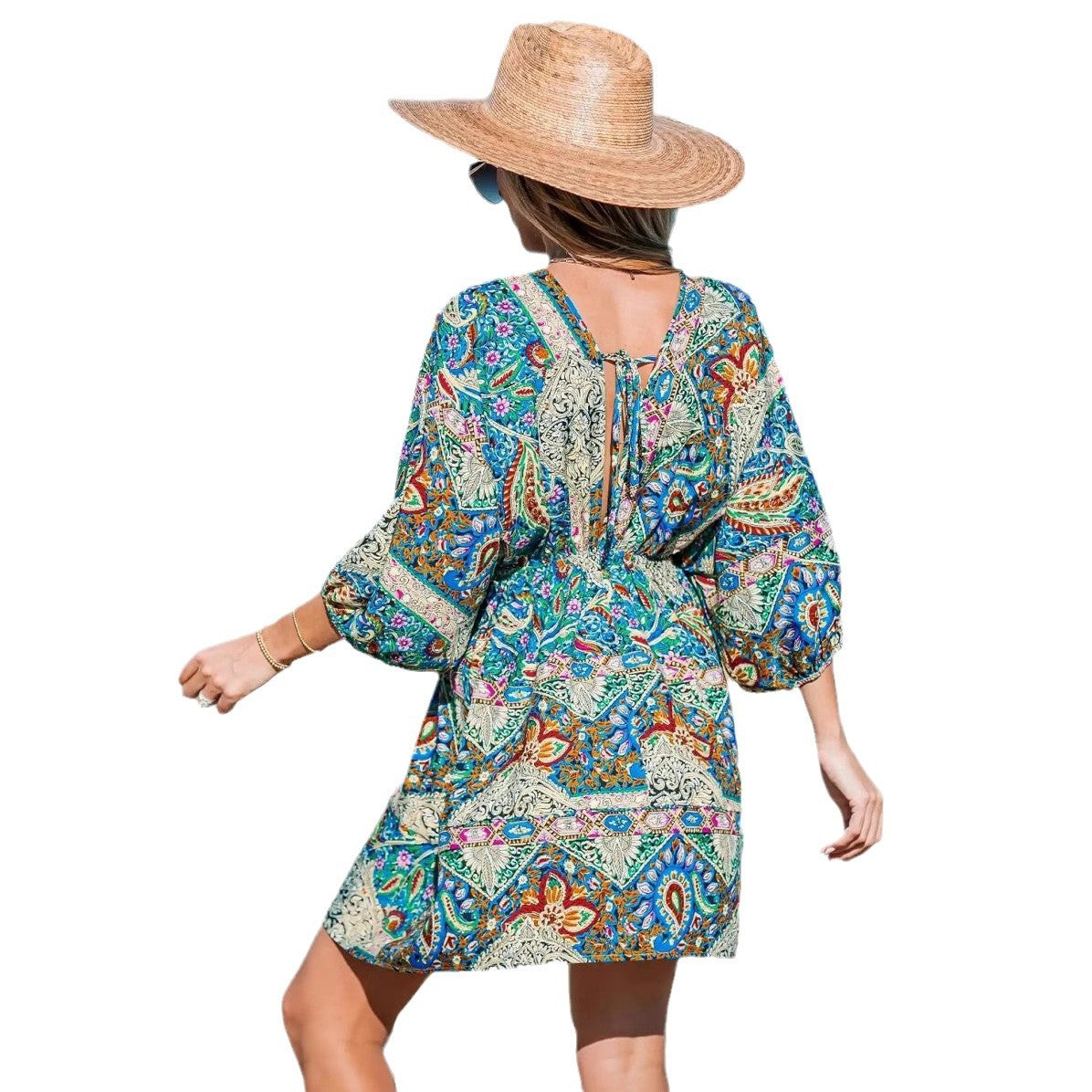 Kvinna V-Neck Klänning Blommönster Elastisk Polyester-6