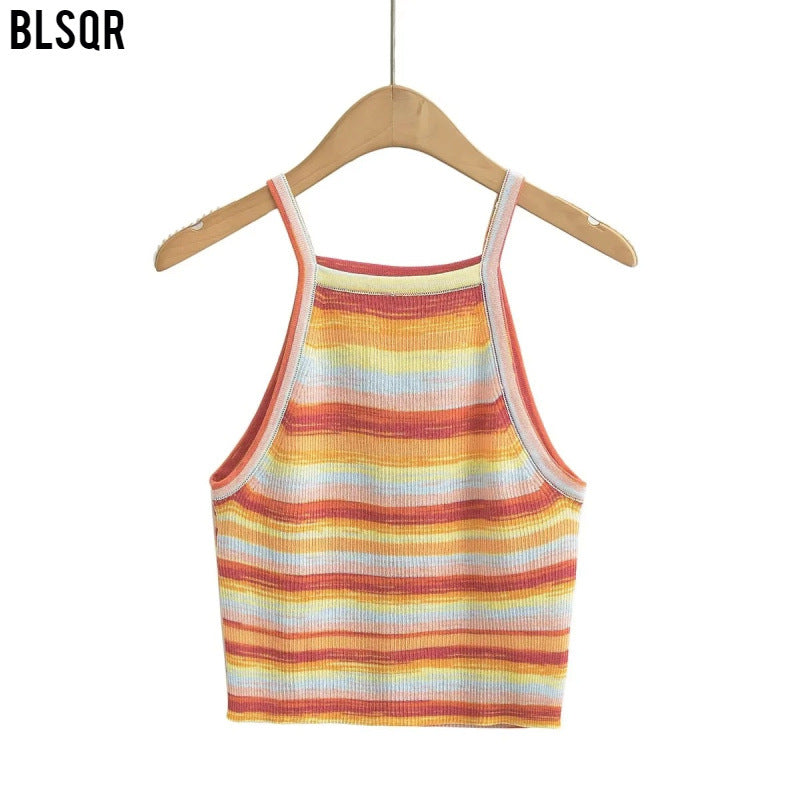 Dam Skjorta Kort Randig Spaghetti Band Polyester-3