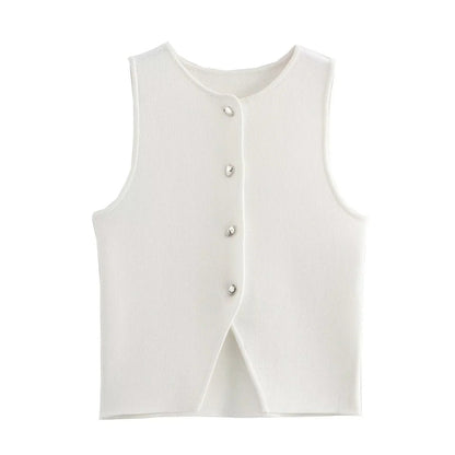 Dam Väst V-hals Knappdesign Polyester Ärmlös-4