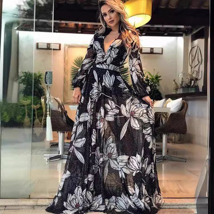 Damklänning A-Line Långärmad Polyester Elegant Fint Mönster-3