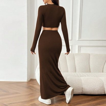 Dam Två Delar Set Kort Topplång Kjol Polyester för Sommarkläder-3