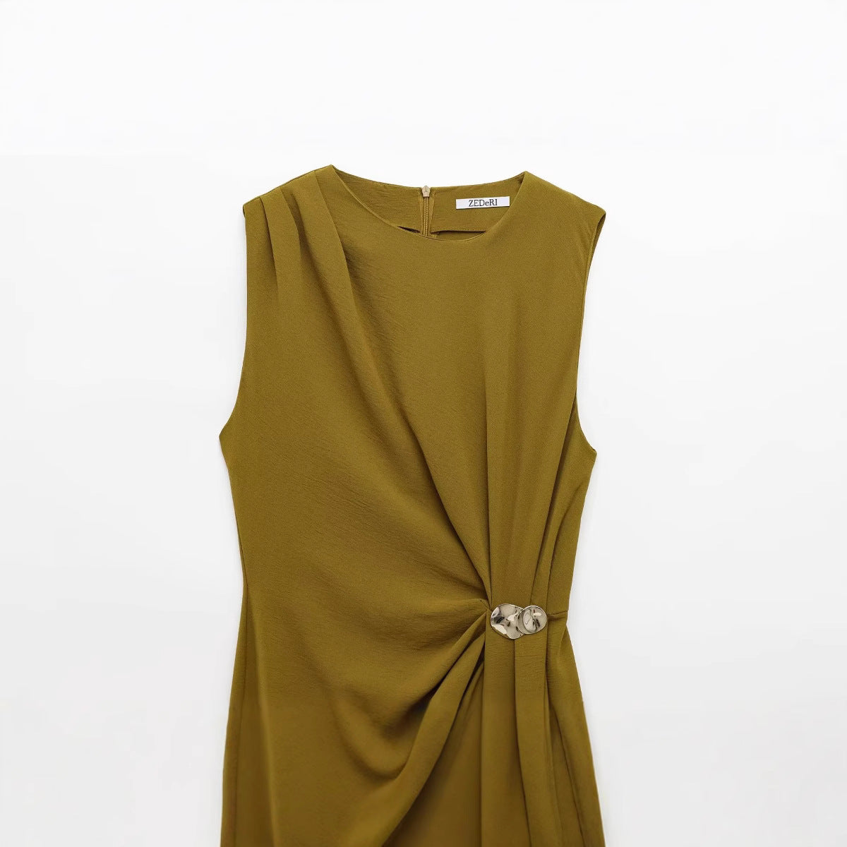 Fina Dam Klänningar Midi Ärmlös Rund Hals Rüschendekor Polyester-2