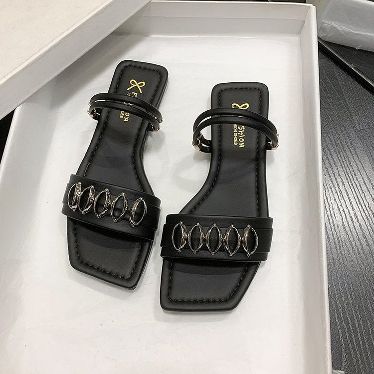 Kvinnors Öppna Pantoletter Smyckedetaljer Mjuk Fotbädd Hårkläder 4