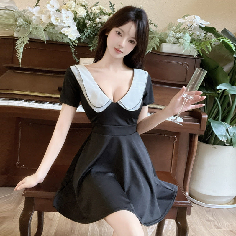 Damklänning Mini Djup V-Krage Polyester Svängande Stil-4