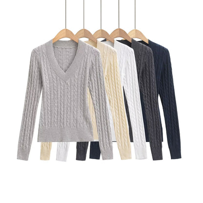 Dam Stickad Tröja V-ringning Kabelmönster Bomull Avslappnad Passform 2