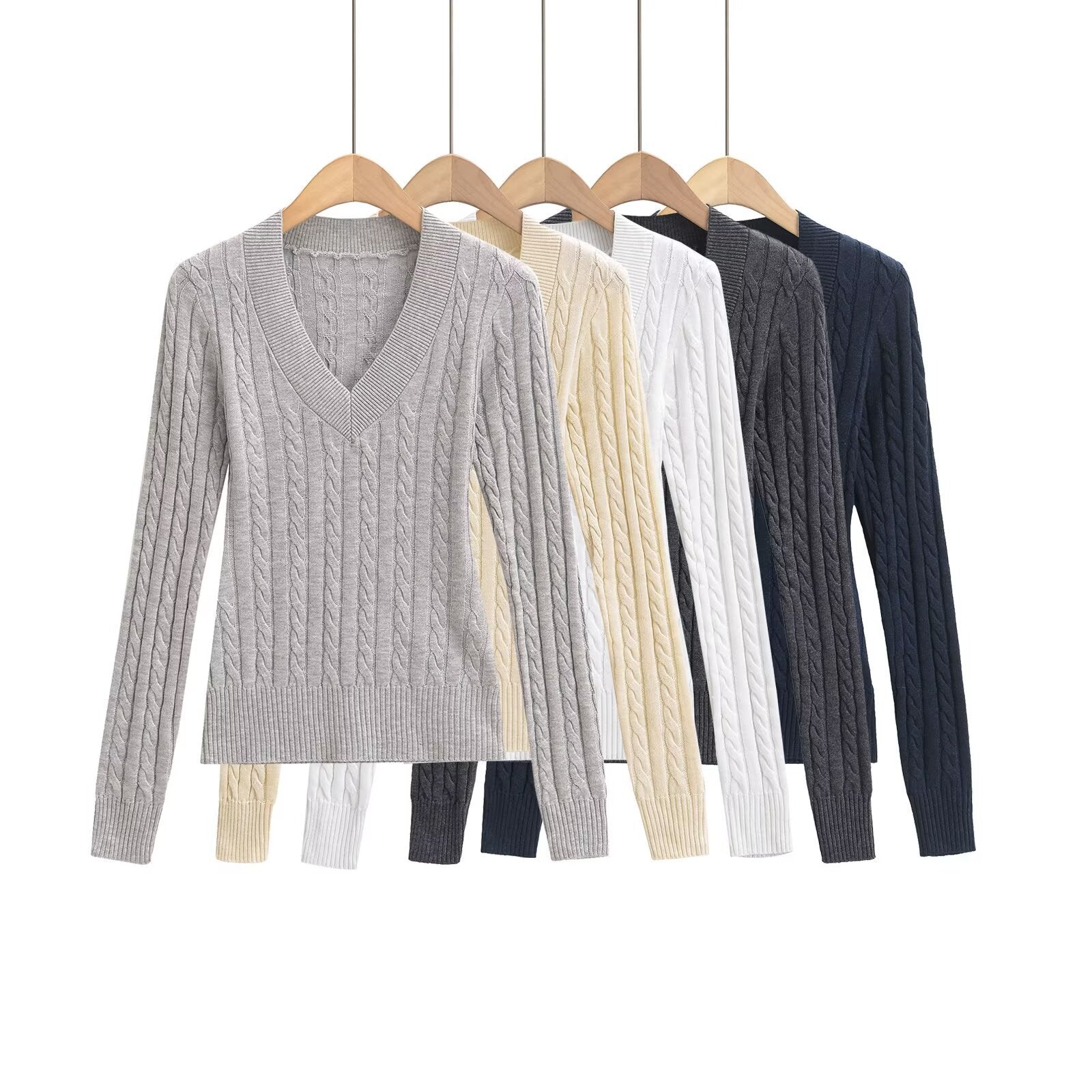 Dam Stickad Tröja Flätmönster Bred Halsringning Mjuk Akryl-2