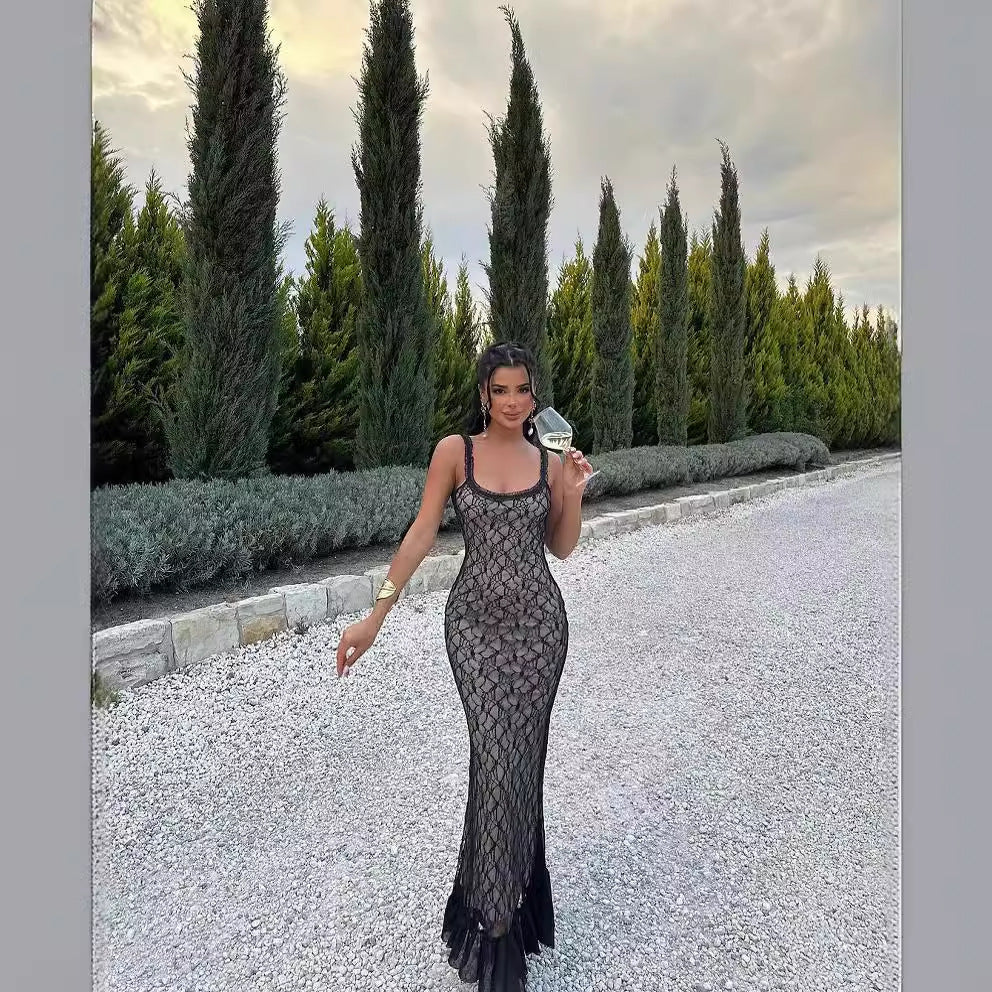 Fina Dam Klänningar Off-Shoulder Lång Spets Elastan-2