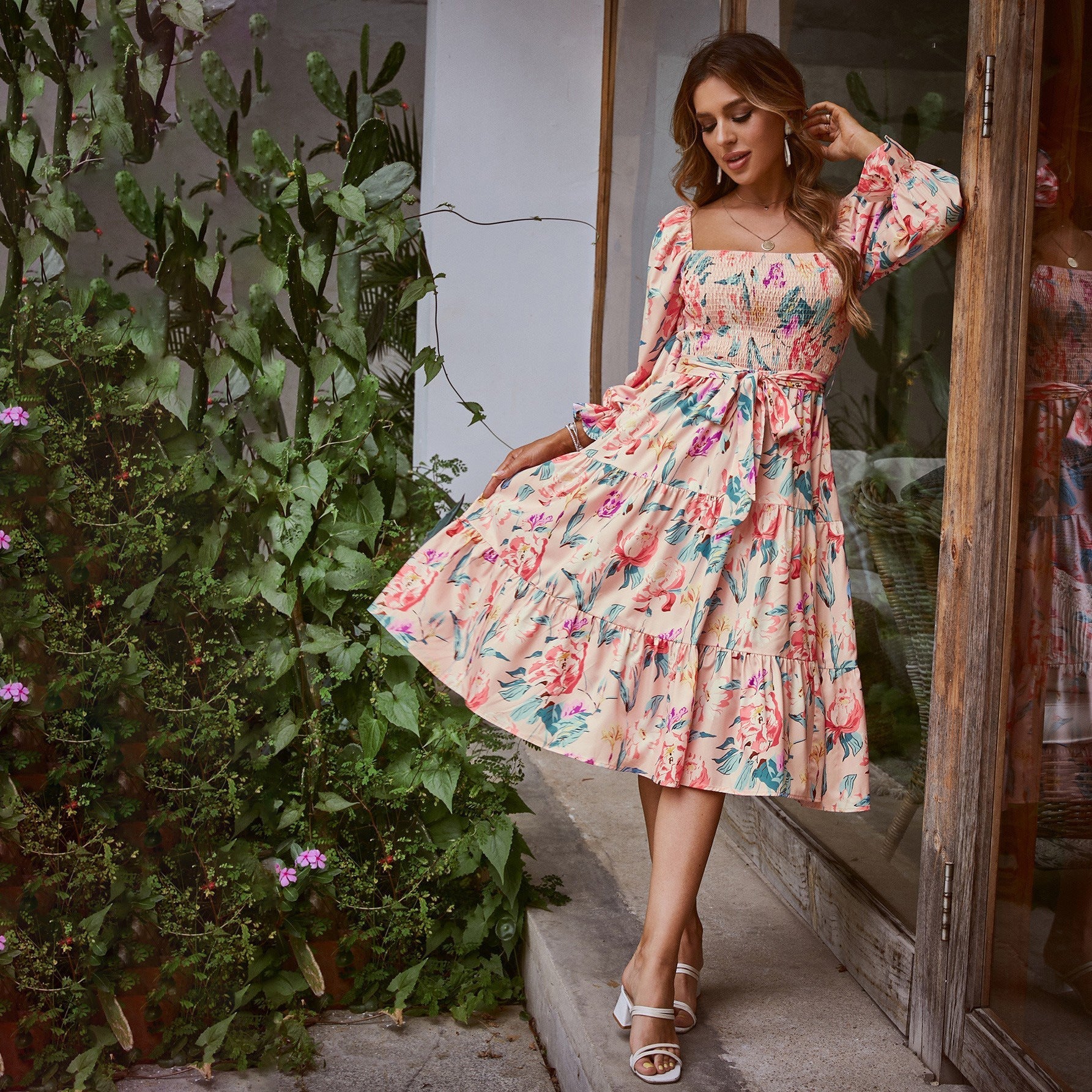 Kvinna Lång Klänning A-linje Hög Midja Polyester med Trumpetärmar-3