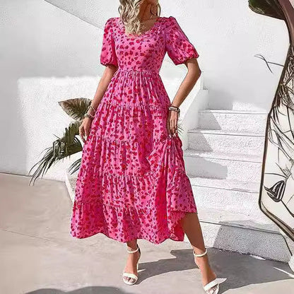 Kvinnors Klänning Puffärmar Polyester V-ringning-2