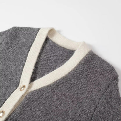 Kvinnors Kofta V-ringning Kontrastdesign Mjuk Tyg med Pärlknappar-3