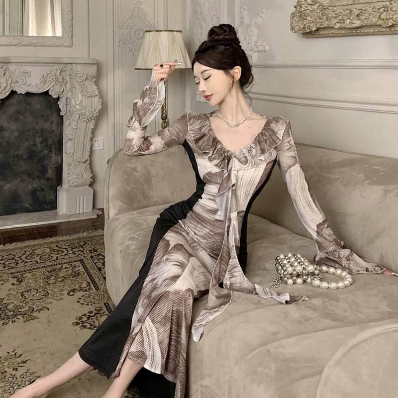 Fina Dam Klänningar V-Hals Lång Ärmar Mesh Ruffled Hem Elegant-4