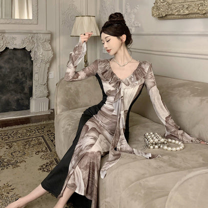 Fina Dam Klänningar V-Hals Lång Ärmar Mesh Ruffled Hem Elegant-4