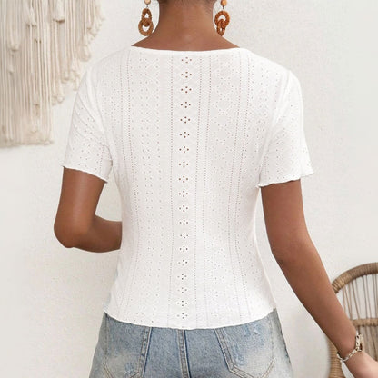 Snygga Damtoppar med Hålbroderi och Slingbindning – Vit Bomullsmix, Figur-hugging Snitt, Perfekt för Sommar 3