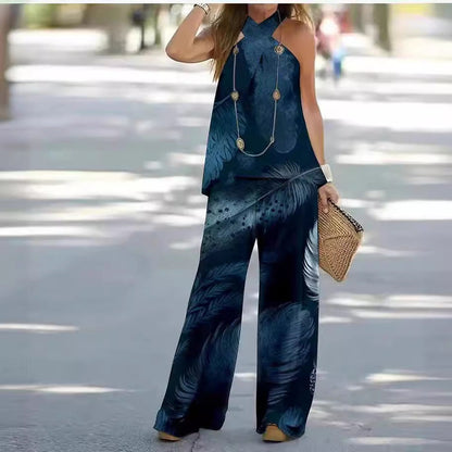 Kvinnors Två Delar Set med 3D-tryck, Ärmlös Topp och Elegant Pendeltdragning – Högkvalitativt Tyg, S-XL, Flera Mönster 5