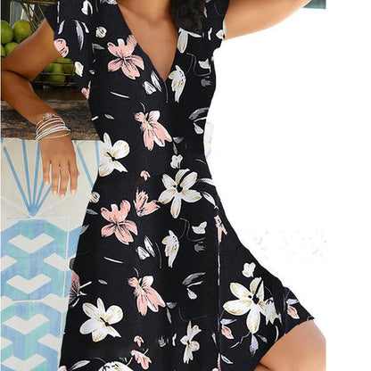 Fina Dam Klänningar V-ringad A-linjeformad med Tryckta Blommor Bomull och Polyester-3