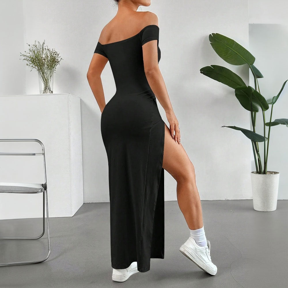 Kvinnors Off-Shoulder Midi Klänning Högkvalitativt Tyg med Splitt-3