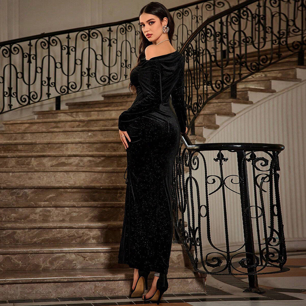 Kvinnors Lång Klänning Elegant A-Line Högkvalitativt Tyg-3