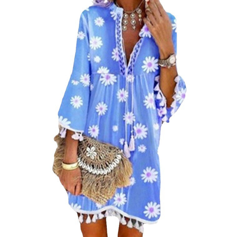 Dam Klänning Midi A-Linjeform V-ringning Tre-kvartsärmar Polyester Blommönster-4