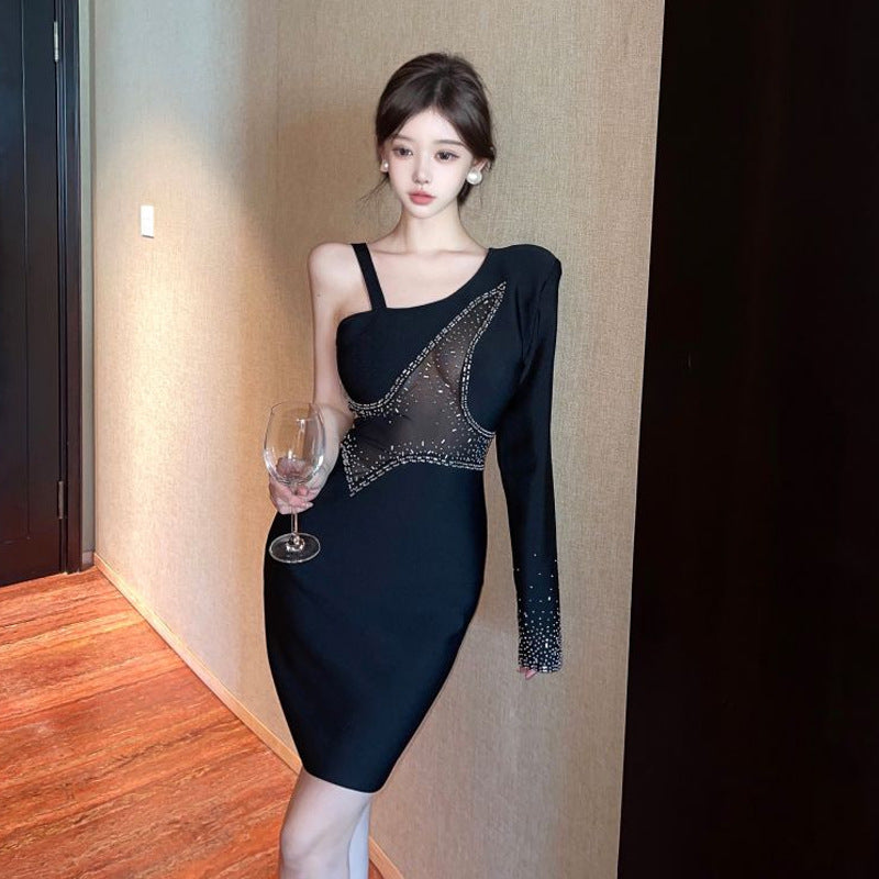 Kvinnors Bodycon Klänning En Axel Rippad Polyester-2