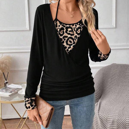 Dam T-shirt Slim Fit Leopardsmönster V-ringning Polyester Spandex-2