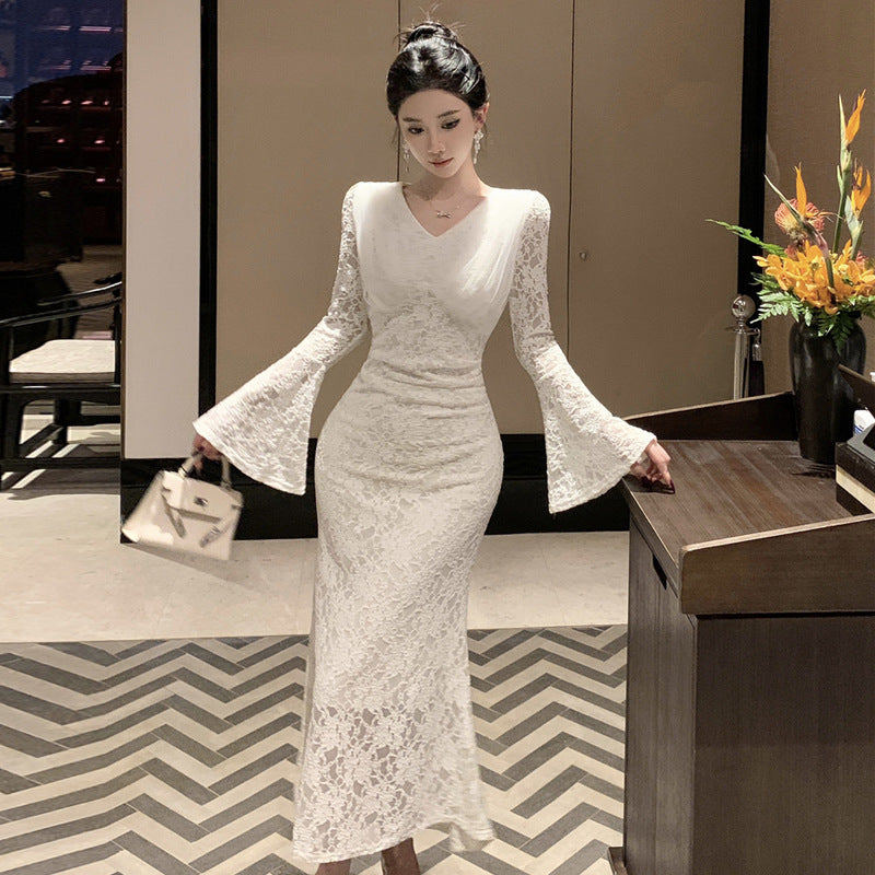 Dam Svansklänning V-Neck Lång Kjol Spets Högkvalitativt Tyg-4