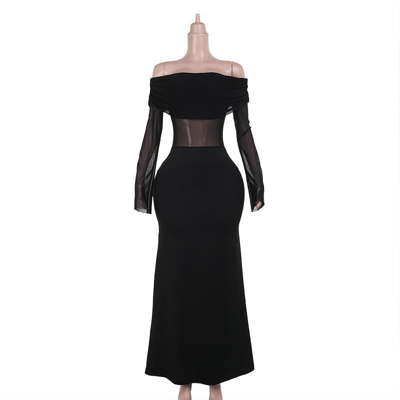 Maxiklänning Dam Off-Shoulder Transparenta Ärmar Elastiskt Tyg 1