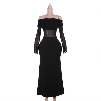 Maxiklänning Dam Off-Shoulder Transparenta Ärmar Elastiskt Tyg 1