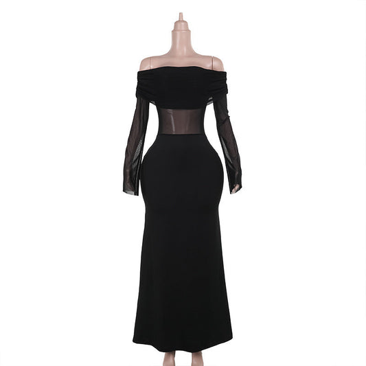 Maxiklänning Dam Off-Shoulder Transparenta Ärmar Elastiskt Tyg 1