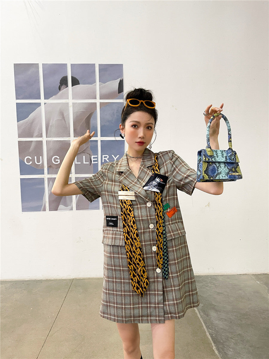 Kvinnors Miniklänning Rutigt Bomull A-linjeformad Kortärmad-5