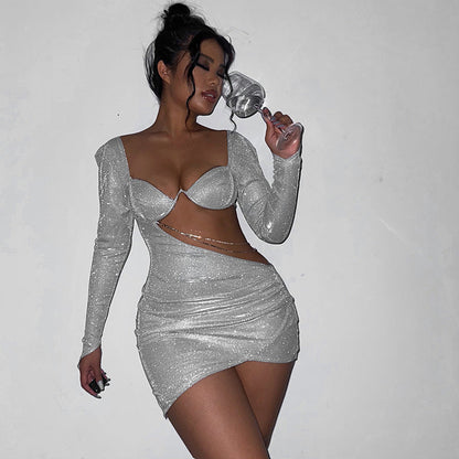 Festliches Kleid für Damen mit langen Ärmeln, Figurbetont, Glittrendes Material und Strategische Ausschnitte – Ideal für besondere Anlässe 4