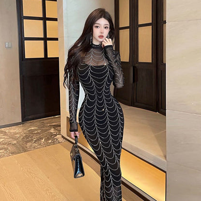 Kvinnors Bodycon Klänning med Stand-krage och Rhinestone Mesh-2