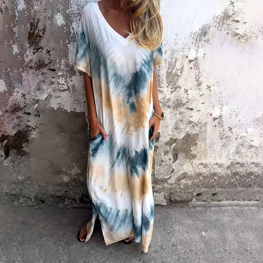 Damklänning V-ringad A-linjeform Tie-Dye Polyester Korta Ärmar-1