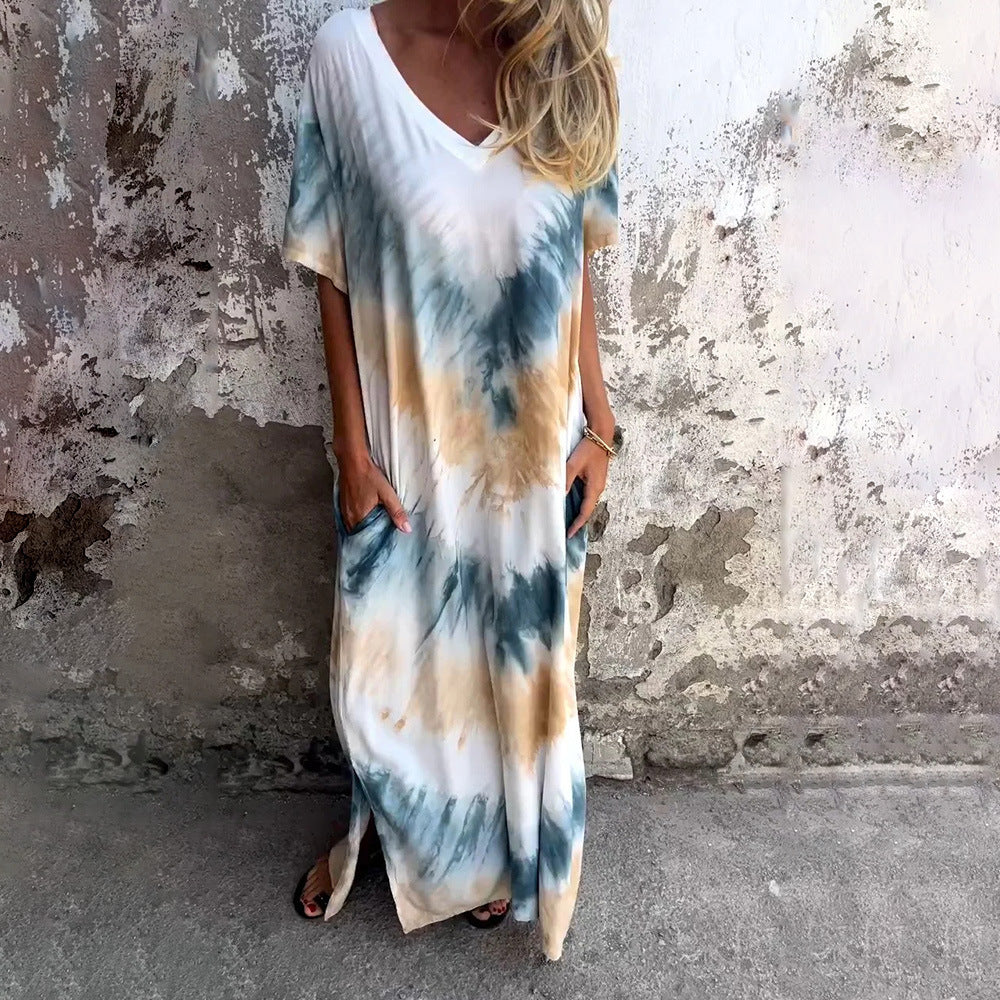 Variant image for Damklänning V-ringad A-linjeform Tie-Dye Polyester Korta Ärmar-1