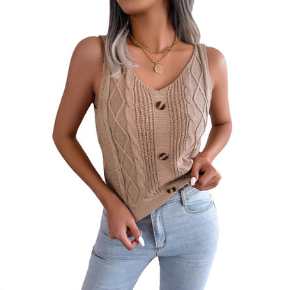 Kvinnors V-Neck Pullover Tröja Viskos med Knappar-5