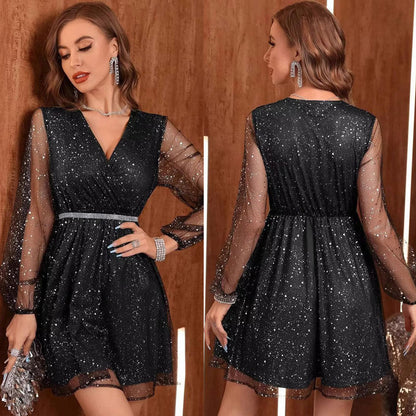 Kvinnors Midi Kjol V-ringning Puffärmar Polyester A-linje-2