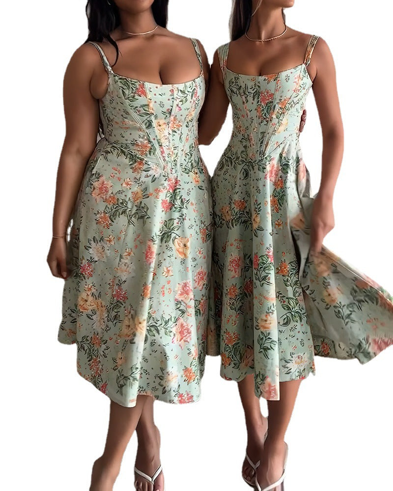 Variant image for Damklänning Blommig Spaghetti-bärare Fyrvägs Stretch Elegant Brickklänning-1