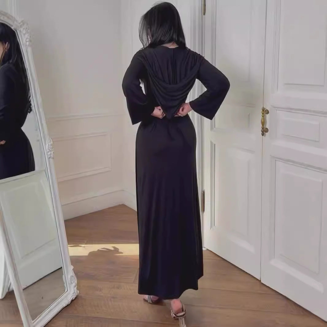 Dam Klänning Långärmad Med Huva Stretchigt Material-4