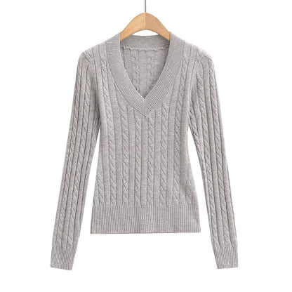 Dam Stickad Tröja V-ringning Kabelmönster Bomull Avslappnad Passform 1
