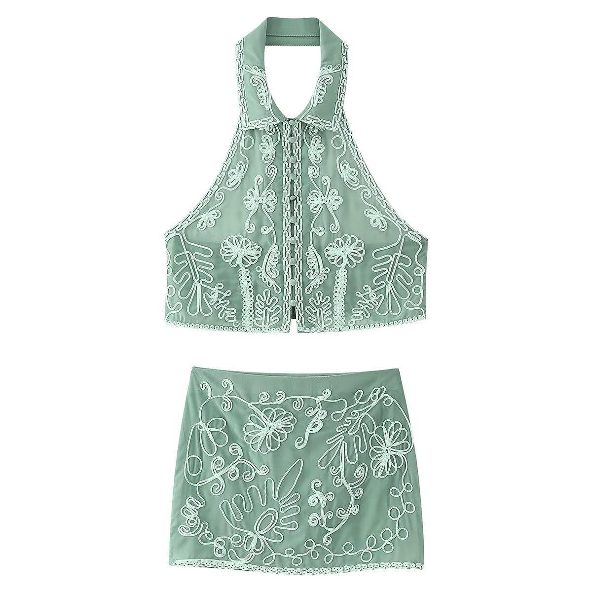 Dam Halterneck Top Kort Kjol Set Blommig 100% Bomull-6