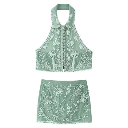 Dam Halterneck Top Kort Kjol Set Blommig 100% Bomull-6