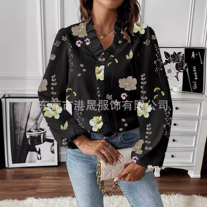 Dam Långärmad Skjorta Rufsad Polyester Elegant Loose Fit-4